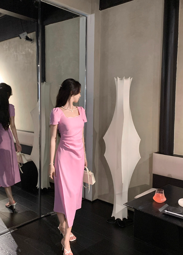 French elegant pink square neck dress for women with slim waist and elegant long skirt R4258