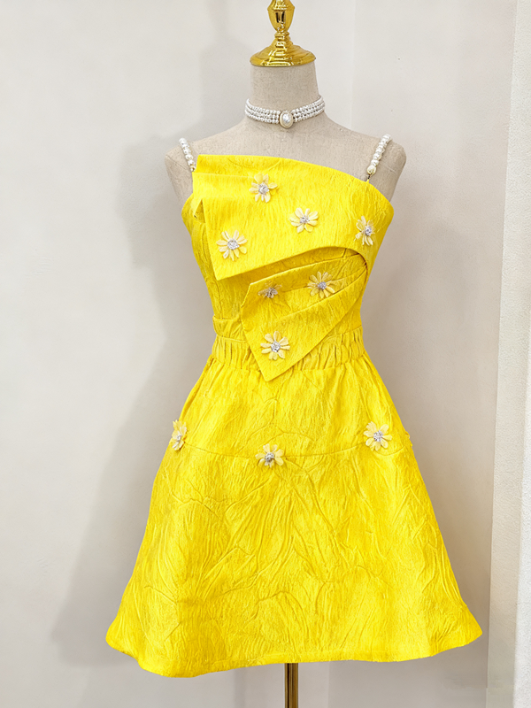 White pearl suspenders irregular neckline pattern design slim A-line homecoming dress R2548