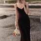 Burgundy suspender dress sexy V-neck backless high-end Christmas annual party hip dress R1471