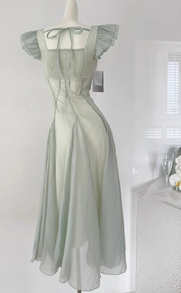 French holiday dress temperament waist big swing gradient mint green romantic dress R2110