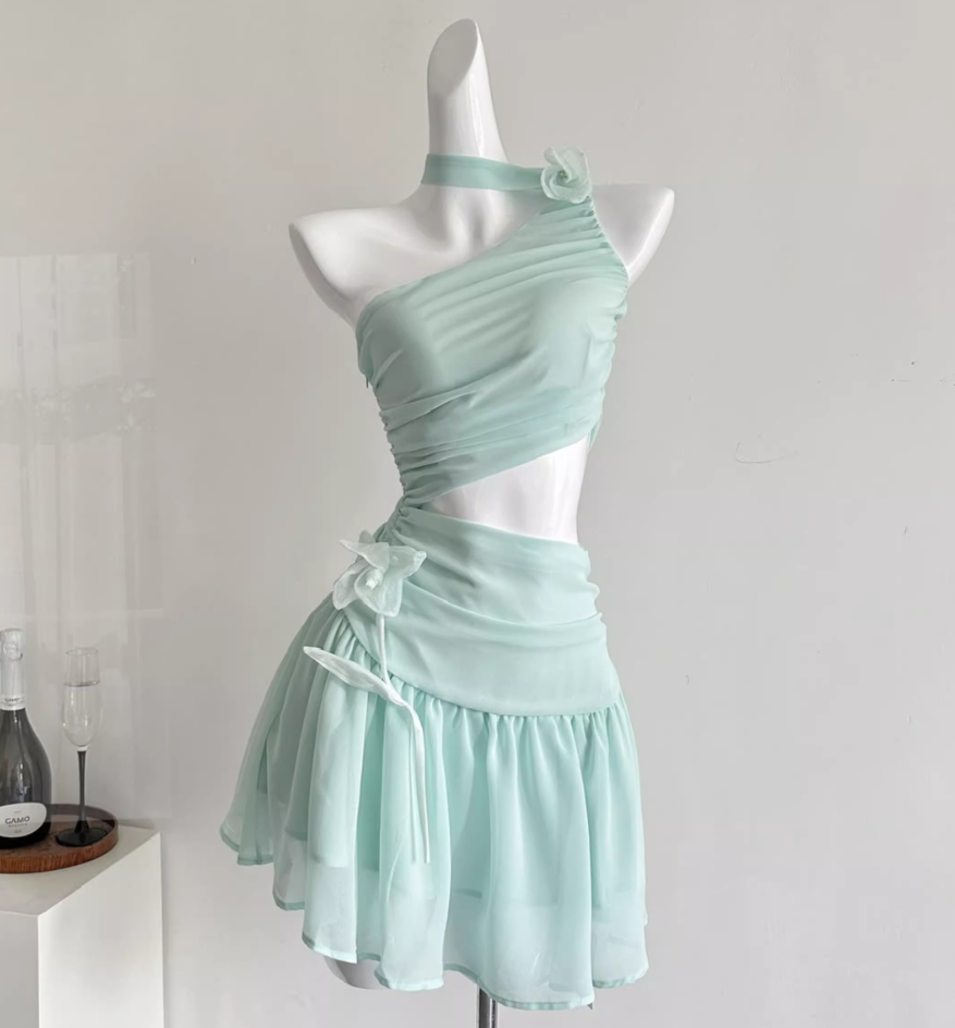 Off-shoulder sheer mesh waist dress R1992