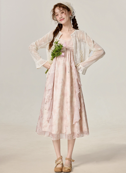 Temperament super fairy pink floral suspender dress beautiful holiday dress R1915