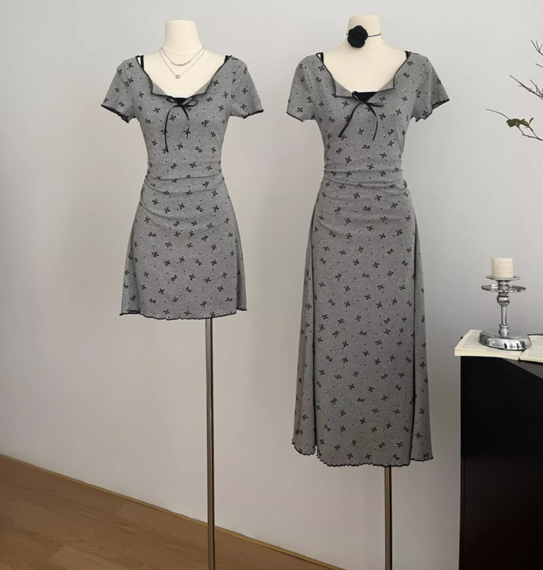 Gray bow polka dot dress new style skirt waist slimming fake two-piece short skirt R1981