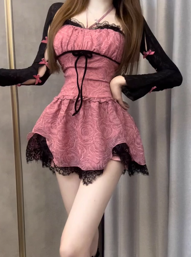 Sweet and spicy lace rose suspender dress 2025 large size pure desire cardigan suit R1315