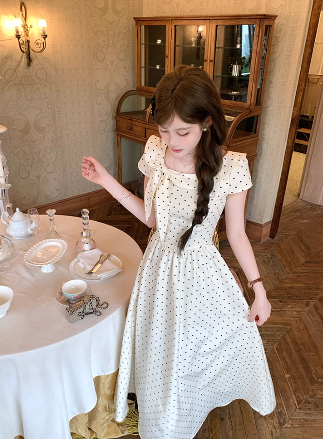 Long waist polka dot short-sleeved dress for women summer French retro temperament skirt R4626