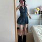 American style dress sleeveless halter top, checkered top, short skirt design, homecoming dress R2991