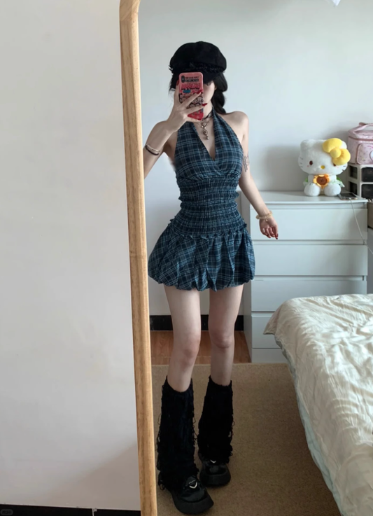 American style dress sleeveless halter top, checkered top, short skirt design, homecoming dress R2991