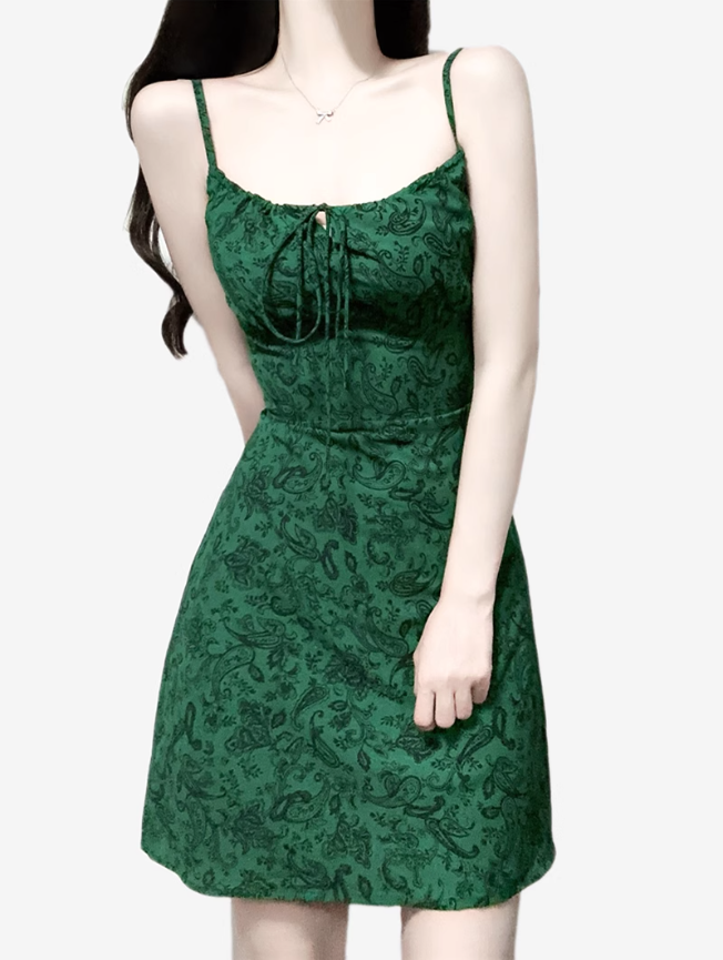 2025 Summer New Retro Sexy Floral Green A-line Short Suspender Dress R0934