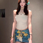 Beautiful sexy hot girl beautiful white halter neck top floral skirt two-piece suit R0896