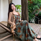 French style retro green printed dress with slim waist and suspenders long dress with lace cardigan R1695