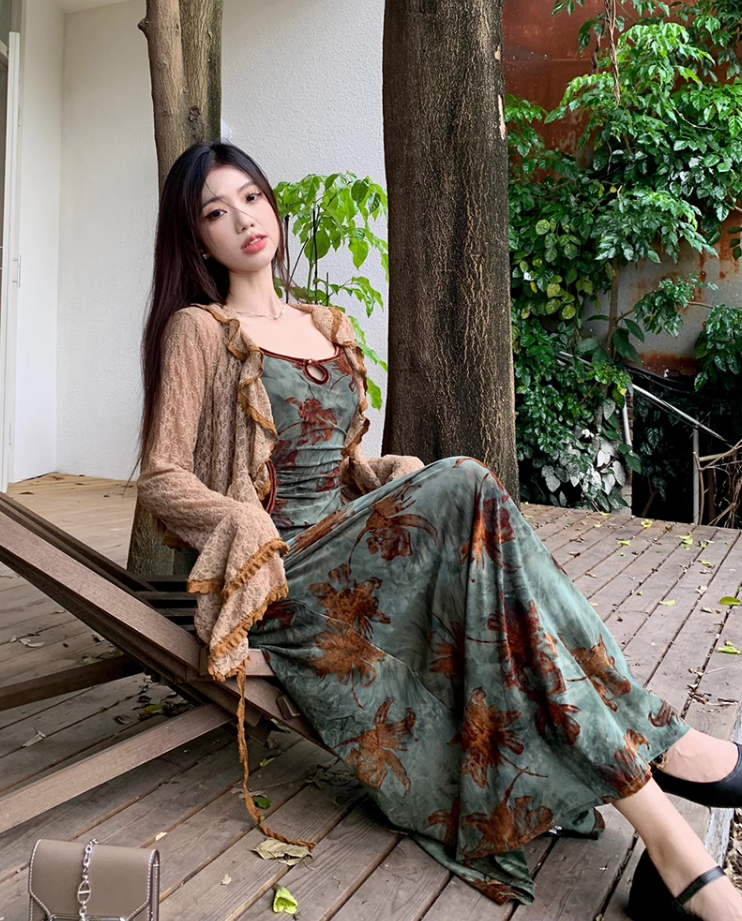 French style retro green printed dress with slim waist and suspenders long dress with lace cardigan R1695