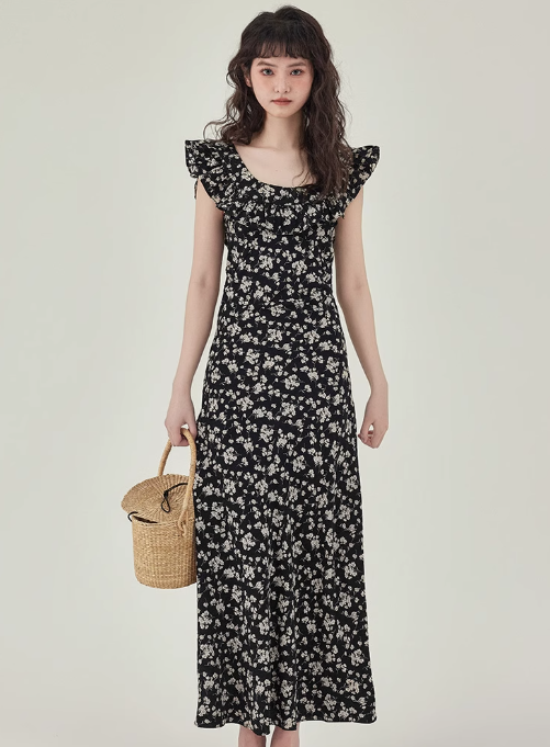 Small flying sleeves tall dress 2025 new temperament floral long dress R2384