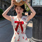 White baby doll collar cute style cherry print waist slim fit short skirt homecoming dress R4043