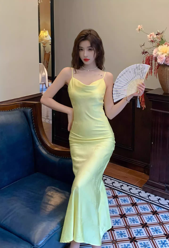 High-grade silk suspender dress 2025 new women's slim fit base acetate vest long skirt R0996