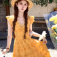 Yellow long v-neck small flying sleeve waist dress summer French retro temperament lace skirt R4578