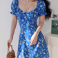 Klein blue floral slim fit versatile puff sleeve dress waist short skirt R2857