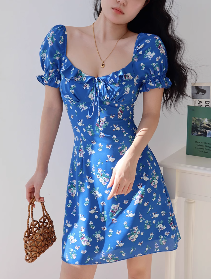 Klein blue floral slim fit versatile puff sleeve dress waist short skirt R2857