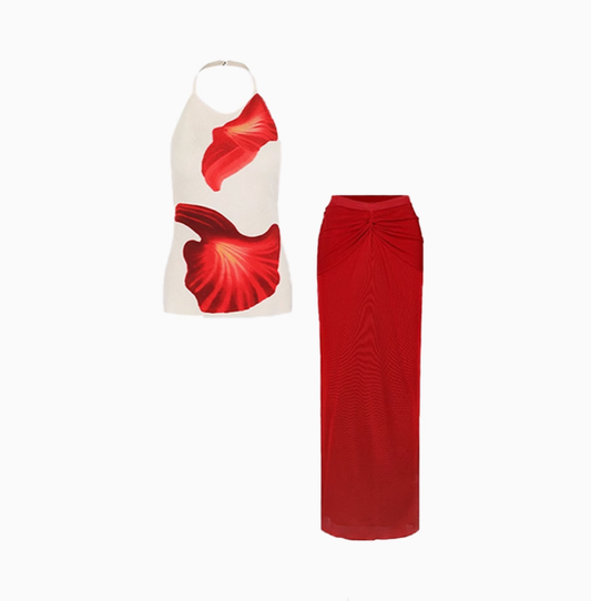 Backless halter neck top 2025 hip-wrapped holiday maxi skirt suit R1397