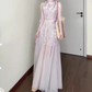 Purple mesh jacquard vest dress temperament waist A-line long skirt R0733