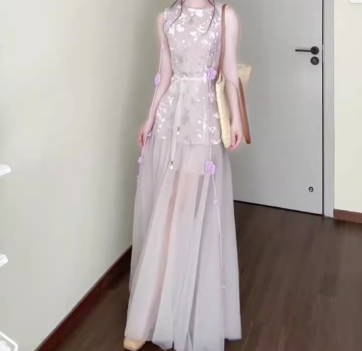 Purple mesh jacquard vest dress temperament waist A-line long skirt R0733