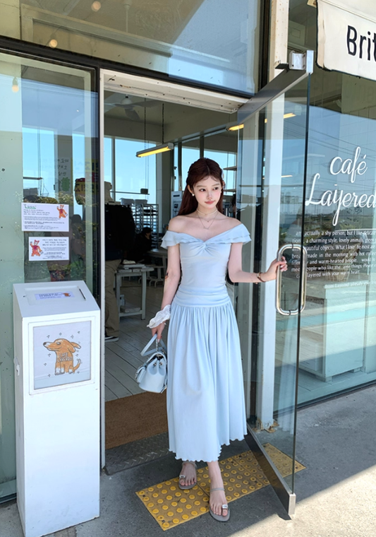 Blue v-neck small flying sleeve t-shirt pleated skirt suit summer French style loose two-piece suit R4913