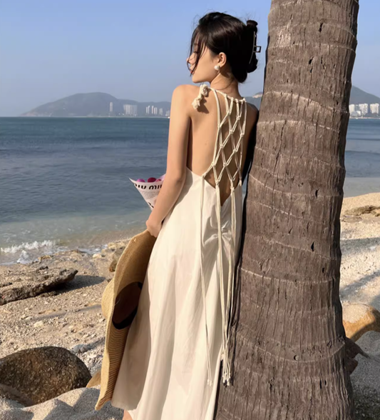 French backless white dress design niche slim sexy seaside holiday beach dress R1602