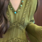 Green v-neck long-sleeved dress, niche style, no-collar retro waist temperament long skirt R0473