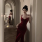 Velvet dress sexy V-neck slim waist with slits inside 2025 new suspender long skirt R1523