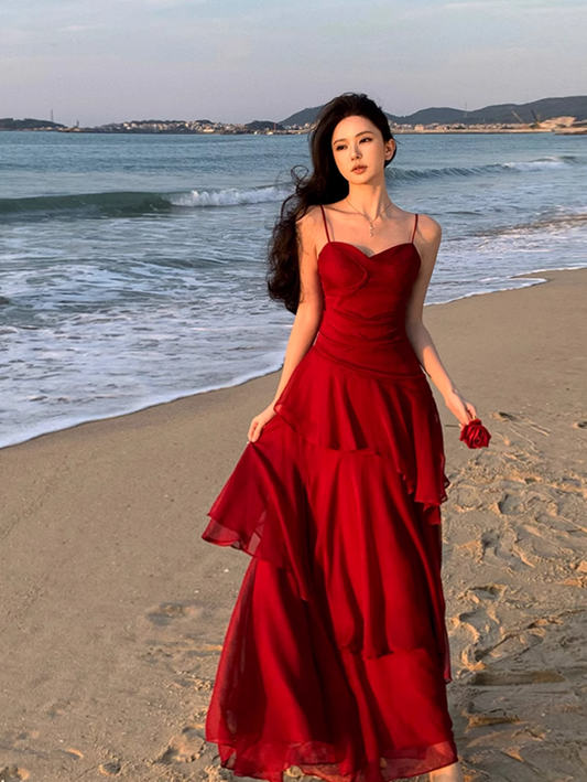 Fairy waist slimming big swing red dress holiday beach long dress tube top ruffled suspender skirt R1719