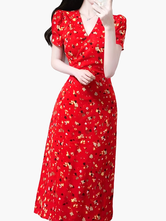 2025 Summer New Red Floral V-neck Wrap One-piece Tea Break Short Sleeve Dress R0948