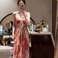 Holiday style dress niche style skirt v-neck floral suspender skirt summer R0699