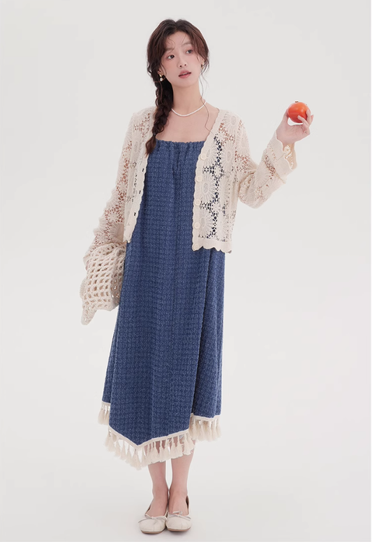 Denim suspender dress with cardigan two-piece suit new style beautiful western-style suit R2358