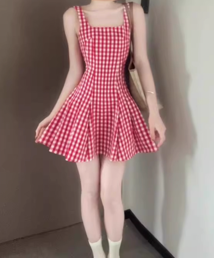 Retro red plaid suspender dress gentle temperament waist A-line short skirt R0791