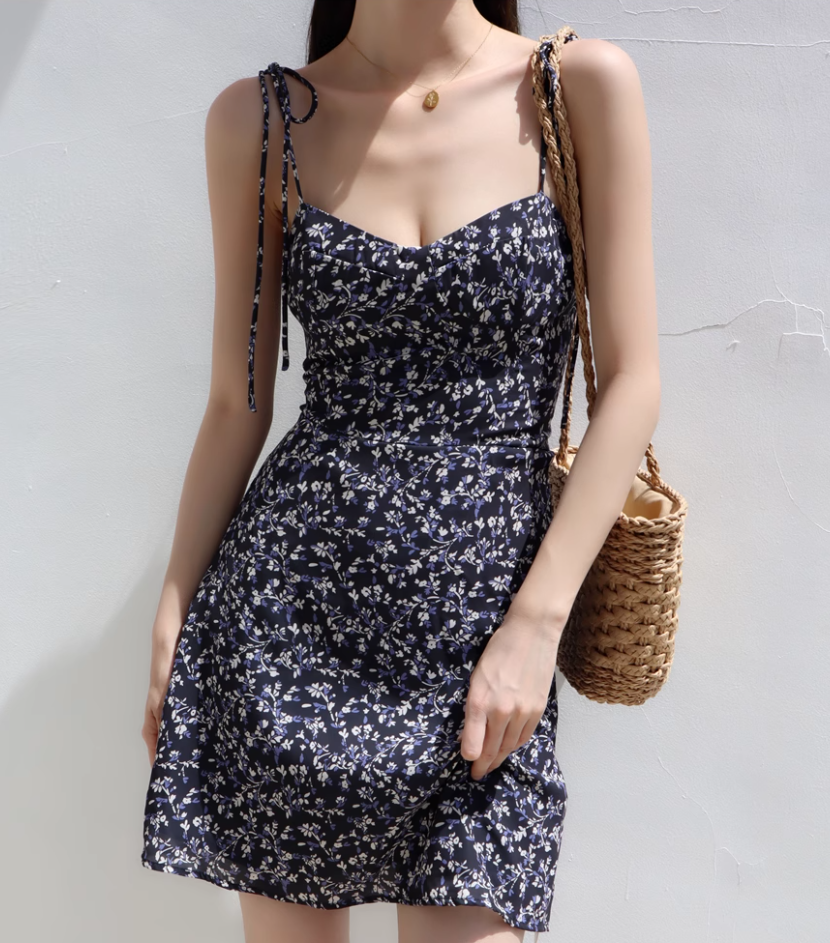 French retro slim fit navy blue floral dress waist suspender dress short skirt R2816