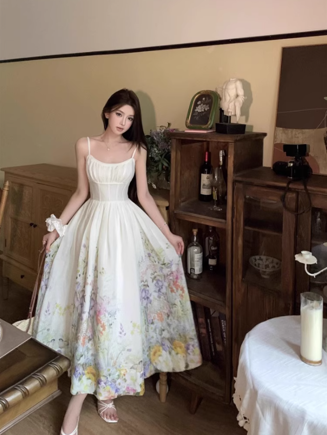 Platycodon temperament floral suspender skirt super beautiful waist dress R0701