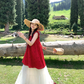 Red mid-length hollow loose suspender dress mesh skirt summer French holiday style skirt R4577