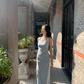 French square neck blue suspender dress waist temperament high-end slim long skirt R4338