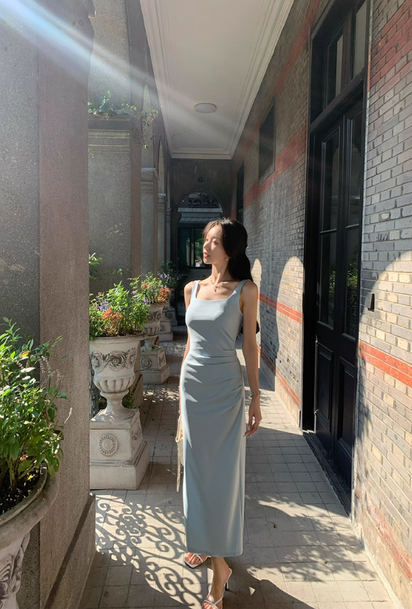 French square neck blue suspender dress waist temperament high-end slim long skirt R4338