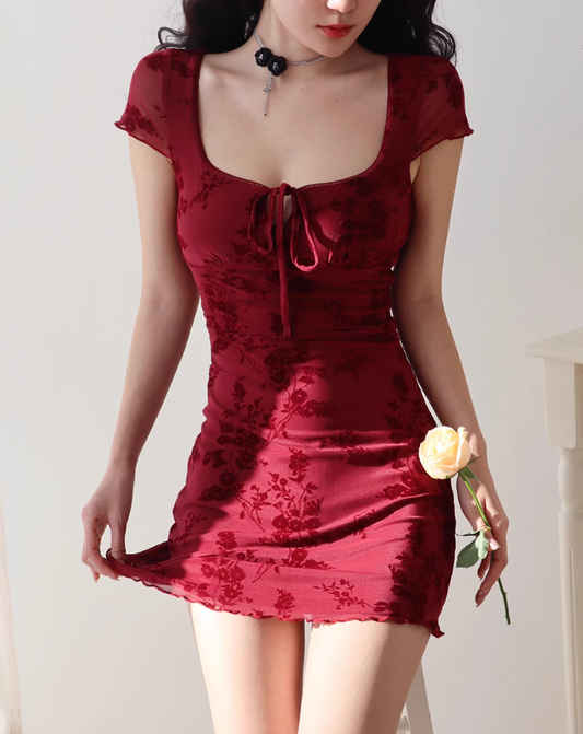 French pure desire style red printed shoulder-length skirt sexy waist slimming dress R2810