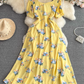 French lady temperament lady short sleeve square collar waist slim a-line print dress elegant long skirt R0406
