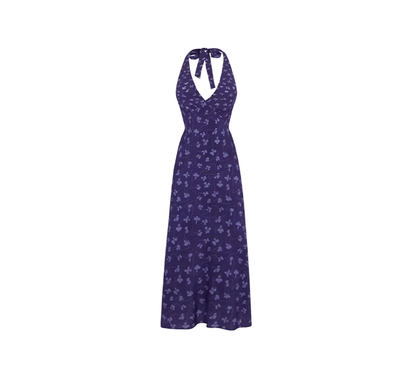 Purple V-neck floral halter dress for women summer seaside holiday style backless long dress R0111