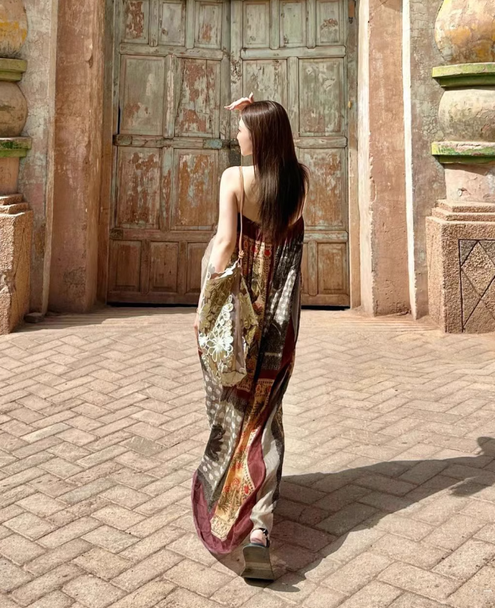 Travel wear retro ethnic style Bohemian suspender dress seaside beach dress R1623