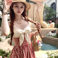 Long red plaid v-neck suspender dress for women summer French temperament skirt R4829