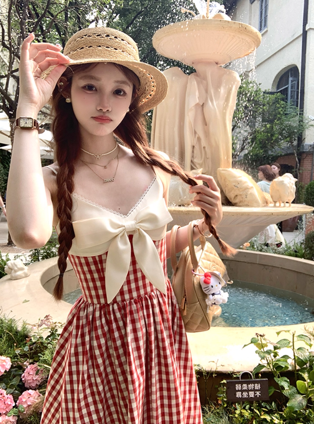 Long red plaid v-neck suspender dress for women summer French temperament skirt R4829