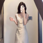 French high-grade satin suspender dress cool and elegant waist-length slit banquet dress for summer R0417
