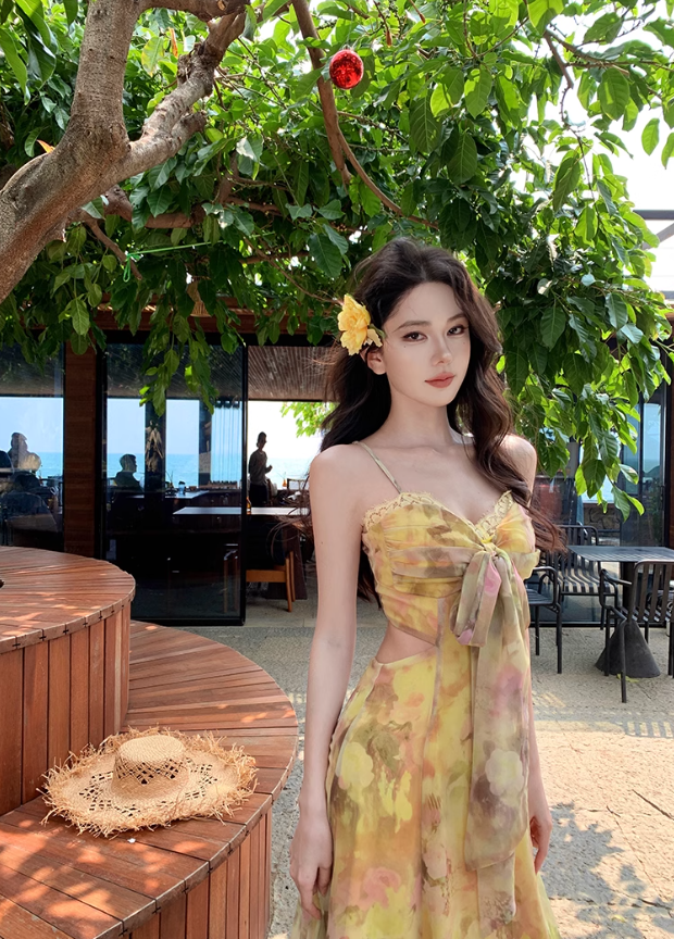 Gentle style floral suspender dress with backless and beautiful long dress R0561