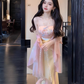 Gentle and elegant pink jacquard suspender dress with slim waist and hip skirt R0485