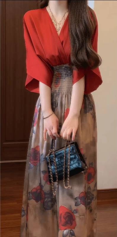 Retro red v-neck dress gentle temperament waist a-line long skirt R0744