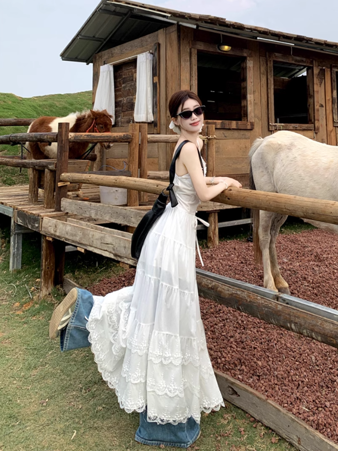 Fairy white Dingdal skirt waist skirt lace splicing slit suspender dress R1755