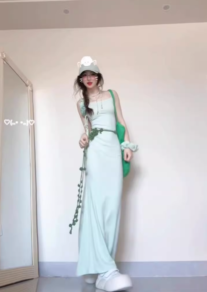 Mint green suspender dress 2025 new style seaside vacation gentle style waist slim hip skirt R0429